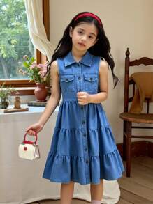 SHEIN Vintaside Kids 青少年女孩夏季无袖翻领时尚高端衬衫式牛仔连衣裙，适合派对、学校活动、生日、旅行和度假 - 藍色 - 查看 5
