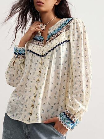 Bohemela Boho Country Vacation Casual Woven Print Long Sleeve Loose Women Blouse