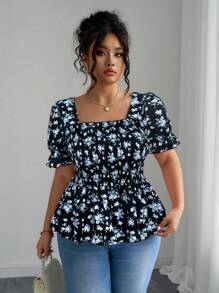 Elenzga Vacation-Inspired Slim-Fit Shirt Design Ditsy Floral Top Floral Top Square Neck Top Puff Sleeve Top Babydoll Top - Multicolor - View 4