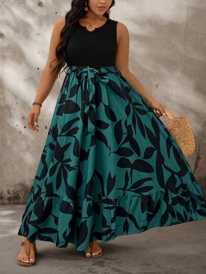 SHEIN LUNE 大码无袖连衣裙，二合一设计，优雅喇叭裙，非常适合办公室和休闲装女装