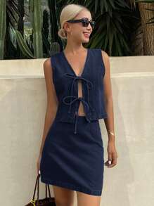 Livesso Set de 2 piezas de mujer para vacaciones en la playa: Cárdigan de mezclilla con cordón y estampado de leopardo, y conjunto de traje - Azul - Ver 4