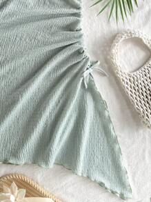 Tween Girl Vacation Mini Dress Holiday Halter Neck Drawstring Texture Fabric Asymmetrical Hem Dress,Summer