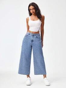 SHEIN ICON 女士休闲水洗阔腿牛仔裤 - 中等水洗藍 - 查看 3