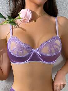 SHEIN 1 Áo ngực không dây bằng lụa giả thêu hoa màu tím dành cho nữ - Màu tím - Xem 3