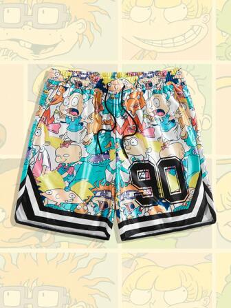 Nick 90's X ROMWE Pantalones cortos de baloncesto de moda casual de verano con estampado de figura y número de dibujos animados para hombres de la vida urbana
