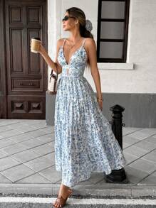 Pariaura 细肩带拼接宽下摆长款休闲宽松度假风连衣裙 - 藍白色 - 查看 3