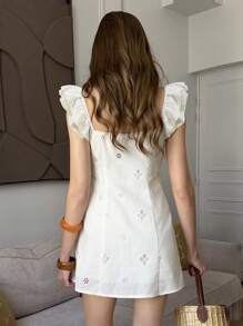 Pariaura Vestito estivo elegante da donna con colore unito, ricamo traforato, modello mini - Bianco - Visualizzare 2