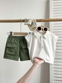 SHEIN Playful Pals 2pcs Baby/Baby Boy Polo Collar Sleeveless Vest With Shorts Set, Fashionable & Cute Outfit For Summer Playtime, Casual City Everyday Wear - Multicolor - View 1