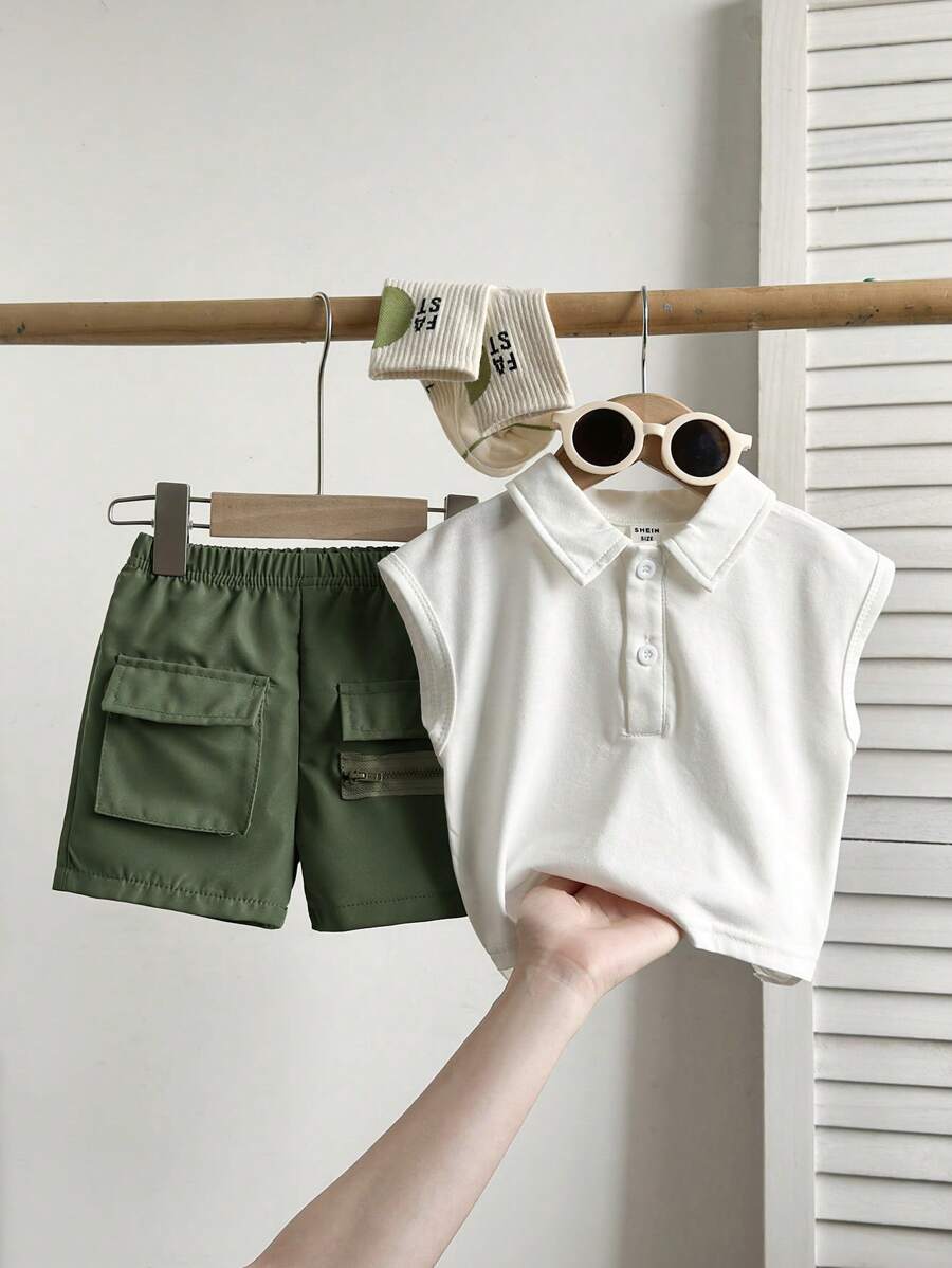 SHEIN Playful Pals 2pcs Baby/Baby Boy Polo Collar Sleeveless Vest With Shorts Set, Fashionable & Cute Outfit For Summer Playtime, Casual City Everyday Wear - Multicolor - View 1