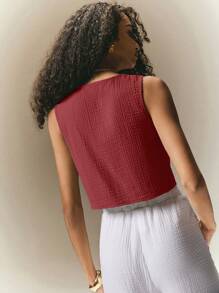 Poéselle Women's Vacation Floral Embroidery Tie Front Casual Camisole - Burgundy - View 2