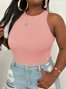SHEIN PETITE CURVE 大码休闲基本款修身白色圆领露肩背心 - 粉色 - 查看 3