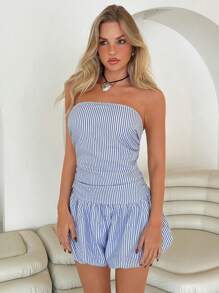 Roylia Women's Elegant Striped Strapless Ruffle Waist Bubble Pocket Jumpsuit - Blue and White - View 5