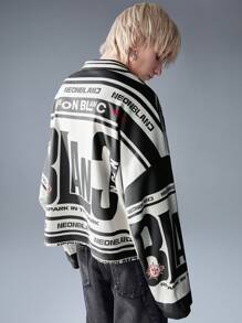 NEON BLANC Men's Fashion Streetwear Long Sleeve Printed Polo T-Shirt, Fall - Black and White - View 2