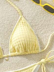 Swim Mod Swim Vcay 2pcs Women Sexy Lace Trim Jacquard Triangle Bikini Set, Simple Strap Tie Up Halter Yellow Bikini Set With Gold Shell Decor For Summer Beach Vacation - Yellow - View 6