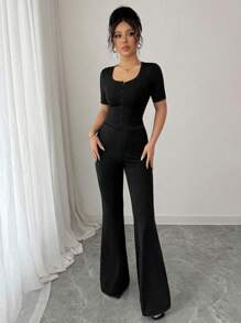 Elenzga 2pc Women Casual Commute Elegant Outfit - Button-Up Short Sleeve Top And Pants - Black - View 4