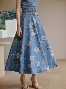 MOTF PREMIUM FLORAL PRINT FLARE DENIM SKIRT WITH BUCKLE BELT - Blue - View 2