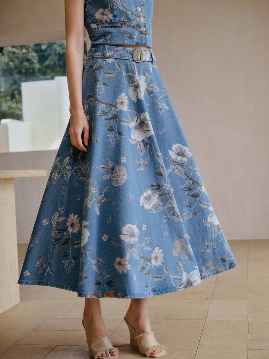 MOTF PREMIUM FLORAL PRINT FLARE DENIM SKIRT WITH BUCKLE BELT - Blue - View 2