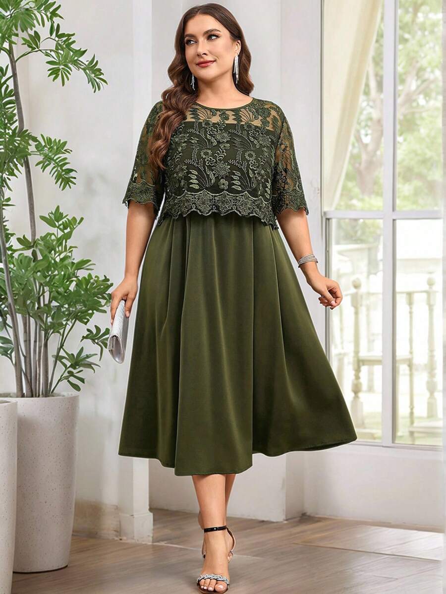 Reflora Curve Plus Size 女士浪漫优雅日常绿色圆领短袖刺绣拼接收腰 A 字长款浪漫礼服，女士夏季连衣裙 - 綠色 - 查看 1