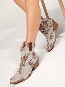 Solezae Women's Rose Floral Embroidered Stacked Heel Snip Toe Western Boots-Sweet-Edge Style For Music Fest To Urban Rodeo Mother's Day Present - Multicolor - View 3