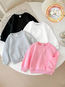 SHEIN 4-teiliges Set für Baby Mädchen, süße, einfarbige, mit Thermofutter gefütterte Langarm-Kapuzenpullover, vielseitig für Herbst/Winter