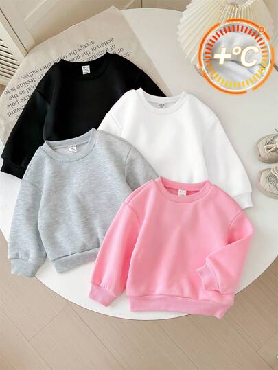 SHEIN 4 件套女婴可爱纯色保暖内衬长袖连帽衫，适合秋冬季穿着