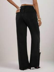 EMERY ROSE Women's Pocket Ripped Flare Loose Casual Versatile Jeans