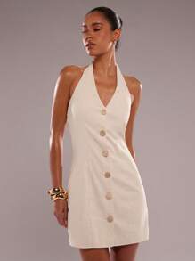 SHEIN BAE 女式性感前扣露背吊带连衣裙，夏季 - 杏色 - 查看 5