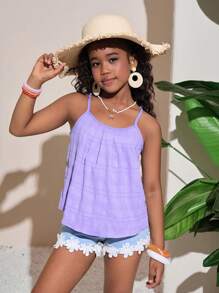 SHEIN 青少年女孩休闲度假梭织纹理纯色宽松吊带背心 - 淡紫色 - 查看 6