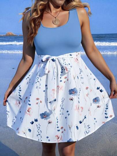 SHEIN VCAY Plus Size Floral Print Casual Loose Summer Dress,Sun Dresses For Women Chic Dress