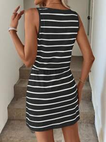 Easowa Spring & Autumn Women Casual Stripe Print U-Neck Sleeveless Drawstring Waist Fashion Vacation Dress,Vacation Outfits Woman,Summer Dresses For Women