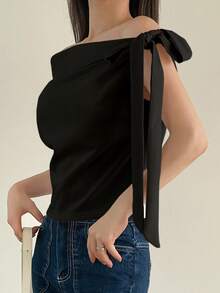 DAZY Women's Summer Casual Solid Color Off-Shoulder Tie Neck T-Shirt - Black - View 3