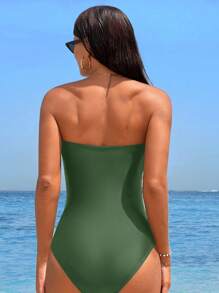 Swim Vcay 纯色抹胸式连体泳衣，适合海滩度假 - 綠色 - 查看 2