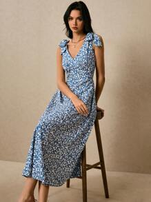 Poéselle Blue Floral Print Dress,Small Floral Dress,Women's Ditsy Floral Sleeveless Knotted Shoulder Maxi Dress, Elegant For Vacation Blue Summer Dress Women Blue Floral Dress Summer Long Dress Women,Suitable For Daily Wear, Going Out, Commuting, Dating, Vacation And Other Occasions,Poeselle