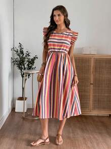 EMERY ROSE Women Summer Stripe Round Neck Cap Sleeve Casual Long Dress - Multicolor - View 1