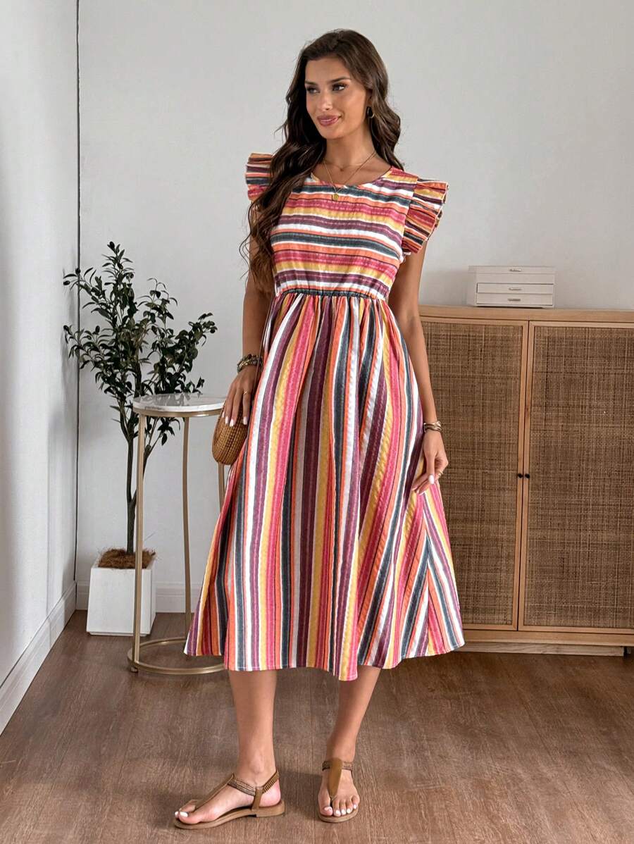 EMERY ROSE Women Summer Stripe Round Neck Cap Sleeve Casual Long Dress - Multicolor - View 1