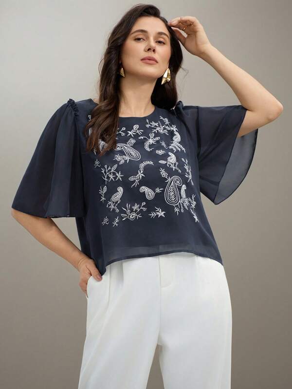 Flouryn Plus Size Women Elegant Embroidered Chiffon Embroidered Round Neck Ruffle Sleeve Top , Regular Fit Birthday Women Outfits