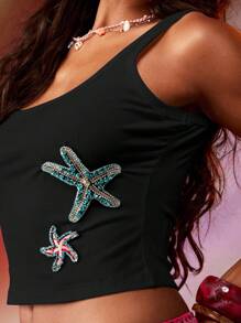 MISSGUIDED Tank Top Tanpa Lengan Musim Panas Motif Bintang Laut dan Kristal, Crop Top untuk Festival, Pantai, dan Liburan. - Hitam - View 5