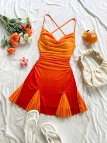 Soleia 女士度假渐变扎染印花细肩带迷你连衣裙，垂坠领口，露背，蝴蝶结，鱼尾，性感风格，迷你连衣裙，茶歇，外出，浪漫约会，海滩装，网眼，年轻，少女