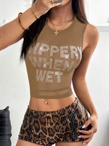 SHEIN ICON Y2k Summer Black Mesh Sheer Sexy Rhinestone Glitter Women's Rhinestone Letter Mesh Backless Tight Camisole