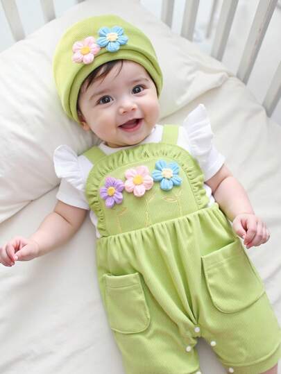 SHEIN Playful Pals مجموعة بناتية صيفية مكونة من 2 قطعة: رومبير ذات أكمام مكشكشة مطرزة بزهور 3D جميلة، وقبعة