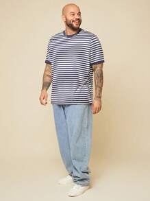 EASEVO Plus Size Men Casual Knit Crew Neck Striped Short Sleeve T-Shirt, Suitable For Summer