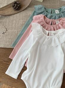 SHEIN 3件套女婴可爱休闲纯色针织荷叶边长袖连体衣