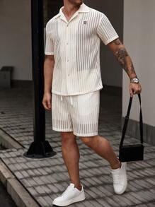 Manfinity Homme 男士夏季休闲纯色镂空衬衫短裤套装男两件套夏季男士条纹纽扣衬衫短裤套装男装套装，男士高端棕色纹理领短袖纽扣开衫衬衫短裤套装 - 米色 - 查看 4
