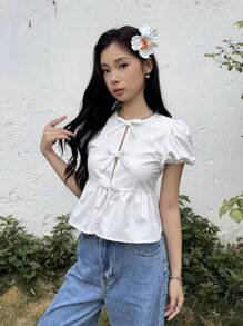 SHEIN 少女休闲简约舒适圆领泡泡袖格子蝴蝶结衬衫