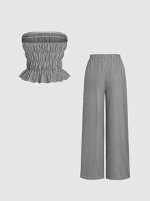 Sweetra Bộ 2 món/Bộ áo crop top không dây kẻ sọc rộng rãi mùa xuân & quần ống rộng, phong cách giải trí giản dị & sang trọng dành cho nữ - Đen và trắng - Xem 2