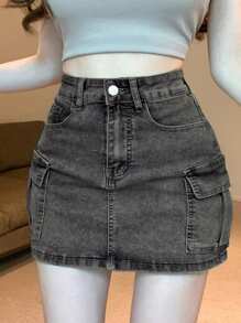 DAZY 复古水洗口袋装饰女式紧身牛仔迷你裙牛仔裙 - 深色水洗藍 - 查看 3