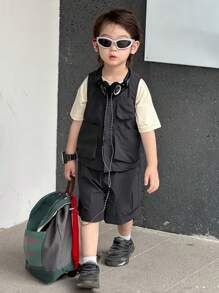 Dazy Kids 2pcs/Set Young BoyCrew Neck Sleeveless Top + Shorts Set, Summer - Black - View 4