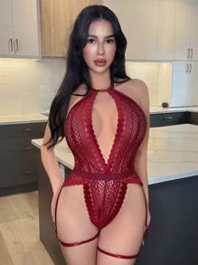SHEIN Spicy Aura Bộ 3 món đồ liền thân hở lưng ren gợi cảm cho nữ - Màu Đỏ Sâu - Xem 8