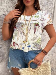 EMERY ROSE Plus Size Women Solid Color Round Neck Ruched Shoulder Cut-Out Ruffle Hem Short Sleeve Casual Blouse, Suitable For Vacation And Elegant Commuting, Summer - Apricot - View 1