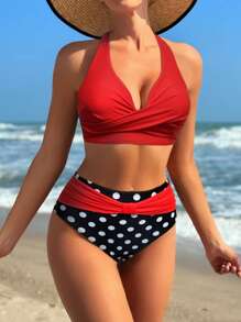 Swim Lushoire Summer Beach Vacation Polka Dot Print Cross Front Halter 2 Pieces Set, Popular High